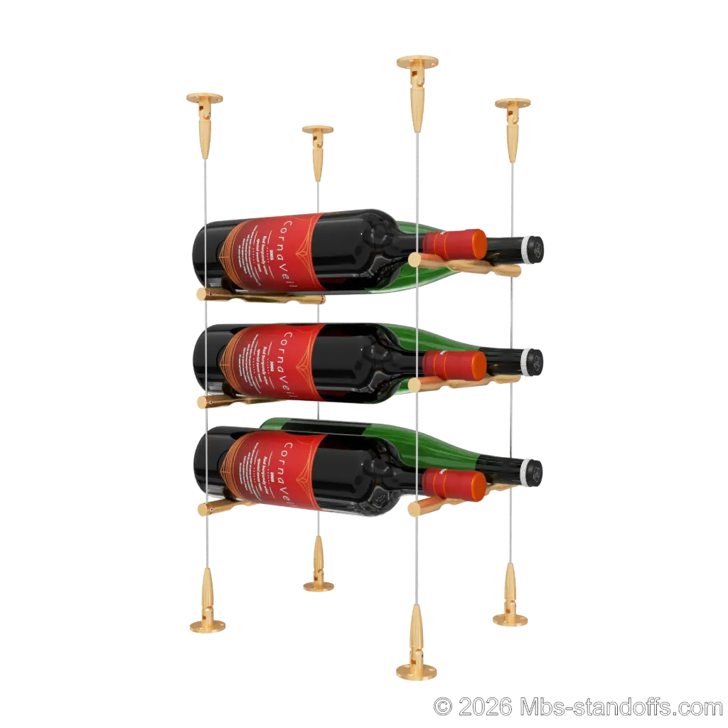 Merlot - Sonoma Collection Bottle Display Peg Kit, 6-Bottle (2x3) Capacity, Floating Cable System, Pegs: 1/2″ × 7-1/2" with Champagne Anodized Finish