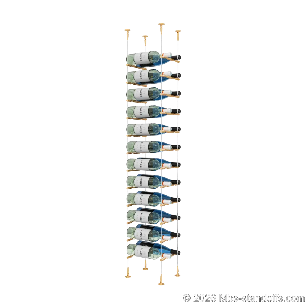 Merlot - Sonoma Collection Bottle Display Peg Kit, 24-Bottle (2x12) Capacity, Floating Cable System, Pegs: 1/2″ × 7-1/2" with Champagne Anodized Finish