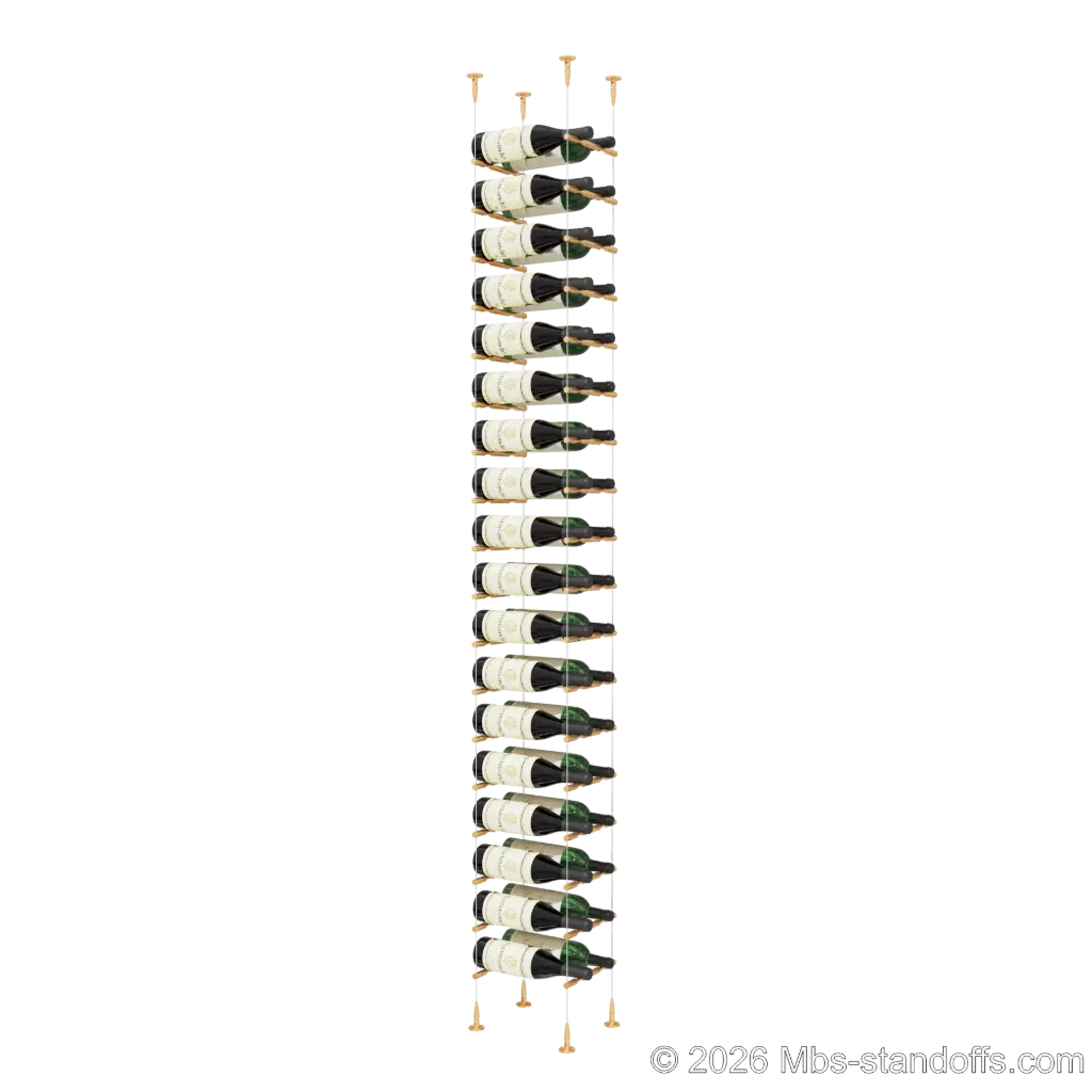 Merlot - Sonoma Collection Bottle Display Peg Kit, 36-Bottle (2x18) Capacity, Floating Cable System, Pegs: 1/2″ × 7-1/2" with Champagne Anodized Finish