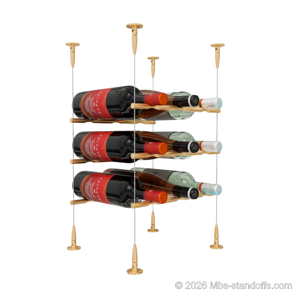 Merlot - Sonoma Collection Bottle Display Peg Kit, 9-Bottle (3x3) Capacity, Floating Cable System, Pegs: 1/2″ × 11-1/2" with Champagne Anodized Finish
