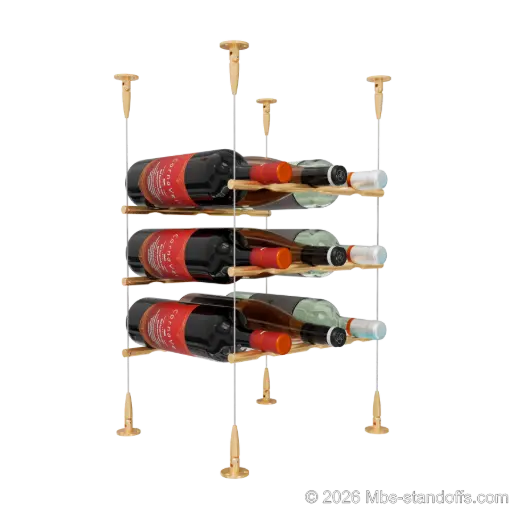 [SCS15BR-PCW3050BR-K3] Merlot - Sonoma Collection Bottle Display Peg Kit, 9-Bottle (3x3) Capacity, Floating Cable System, Pegs: 1/2″ × 11-1/2" with Champagne Anodized Finish