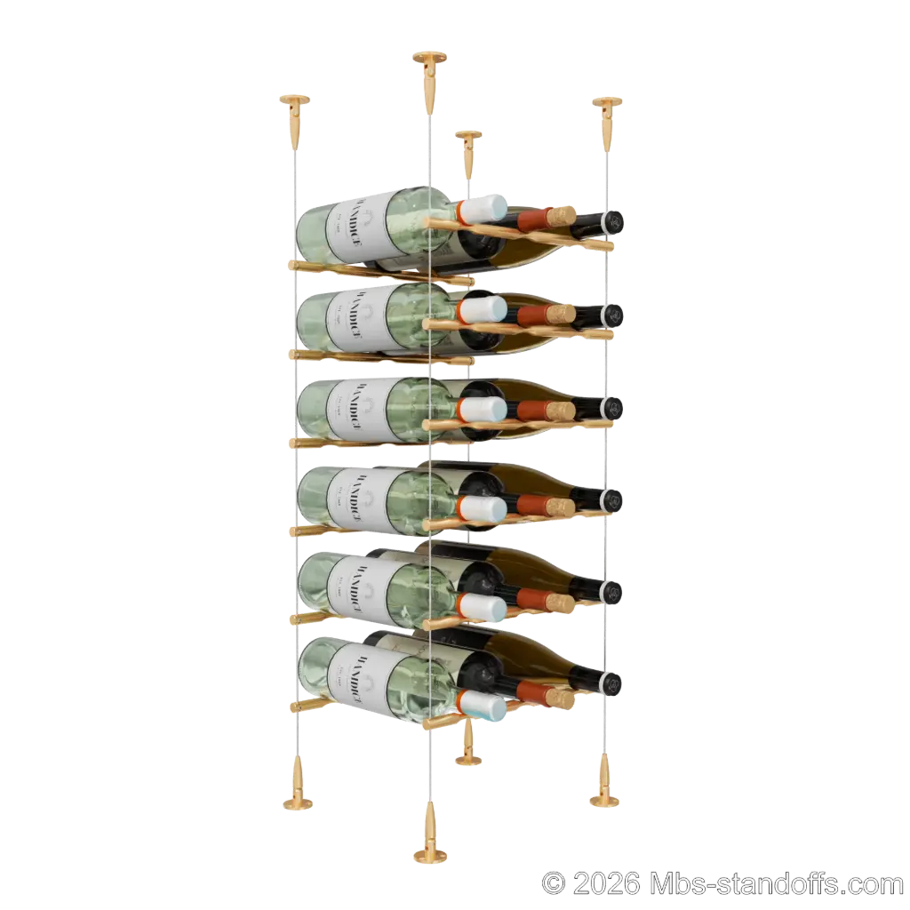 Merlot - Sonoma Collection Bottle Display Peg Kit, 18-Bottle (3x6) Capacity, Floating Cable System, Pegs: 1/2″ × 11-1/2" with Champagne Anodized Finish