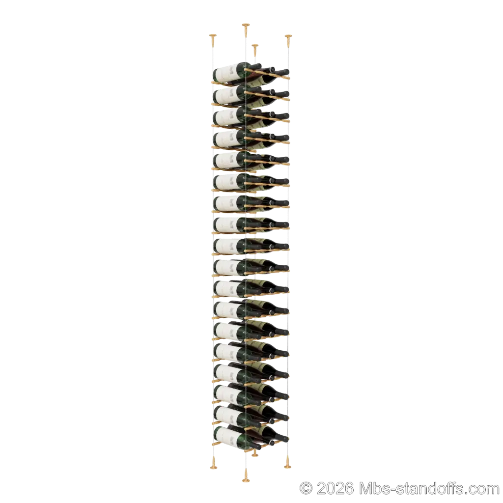 Merlot - Sonoma Collection Bottle Display Peg Kit, 54-Bottle (3x18) Capacity, Floating Cable System, Pegs: 1/2″ × 11-1/2" with Champagne Anodized Finish