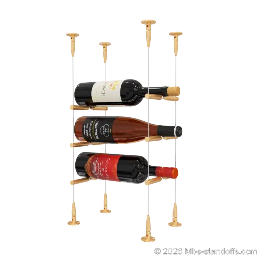 [SCS15BR-PCWR1050BR-K3] Merlot - Sonoma Collection Bottle Display Peg Kit With "O" Ring, 3-Bottle Capacity, Floating Cable System, Pegs: 1/2″ × 6" with Champagne Anodized Finish
