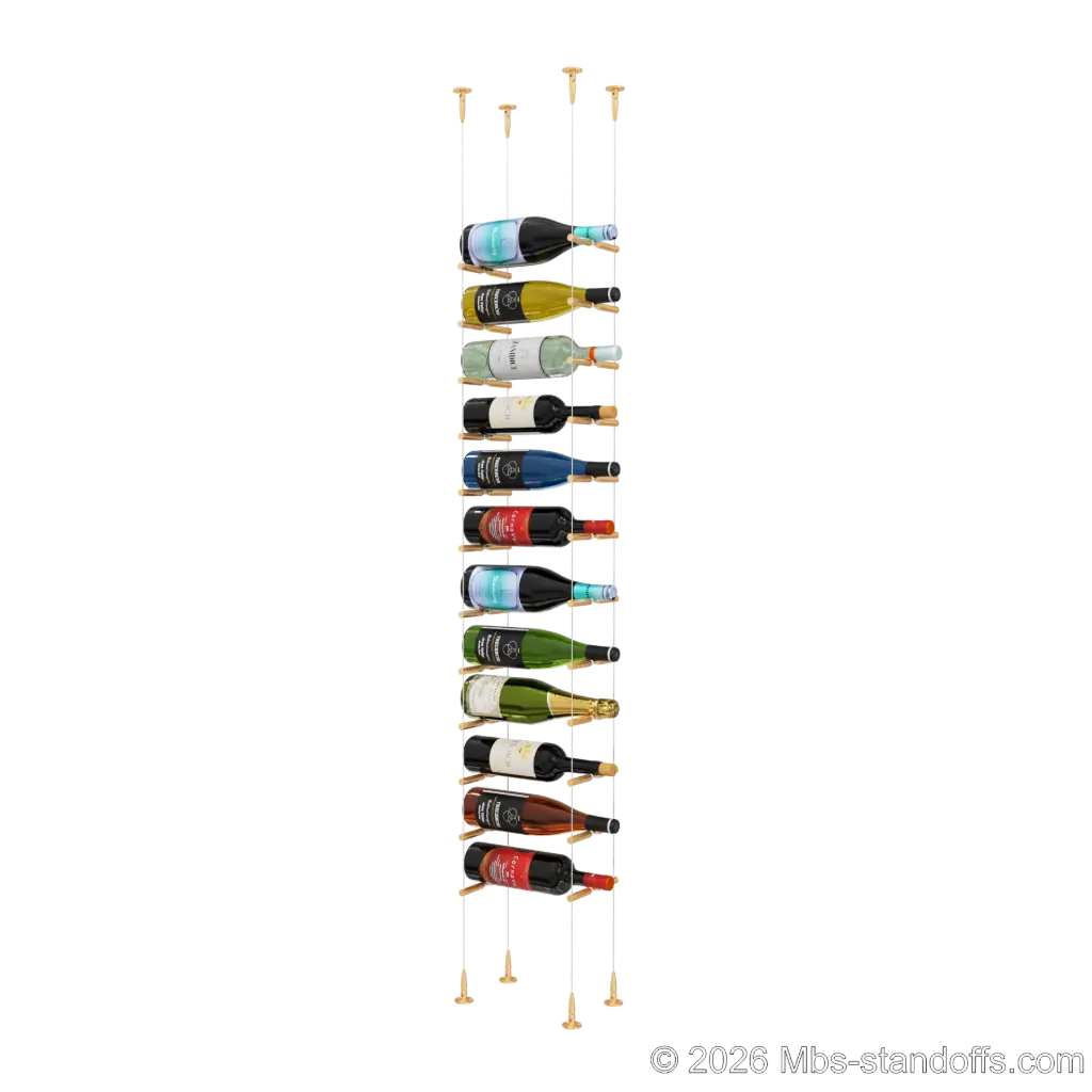 Merlot - Sonoma Collection Bottle Display Peg Kit With "O" Ring, 12-Bottle Capacity, Floating Cable System, Pegs: 1/2″ × 6" with Champagne Anodized Finish
