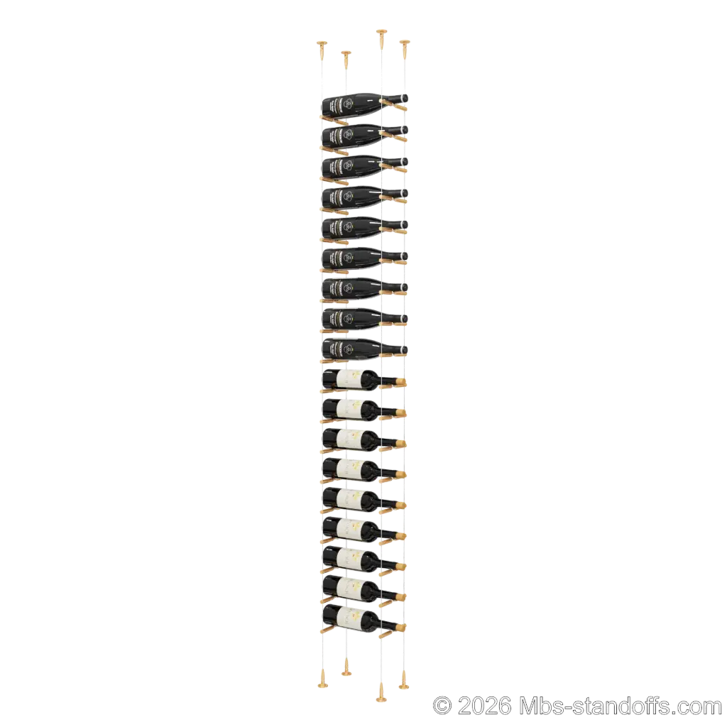 Merlot - Sonoma Collection Bottle Display Peg Kit With "O" Ring, 18-Bottle Capacity, Floating Cable System, Pegs: 1/2″ × 6" with Champagne Anodized Finish