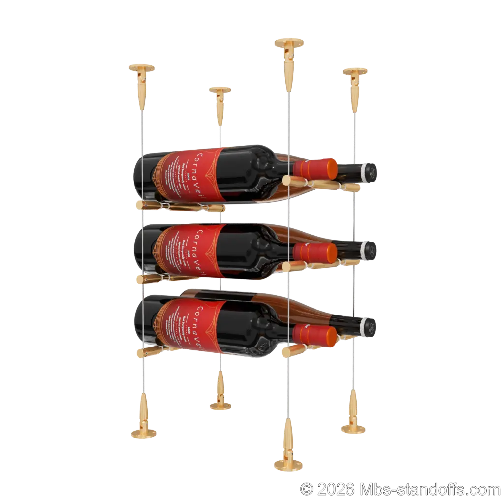 Merlot - Sonoma Collection Bottle Display Peg Kit With "O" Ring, 6-Bottle (2x3) Capacity, Floating Cable System, Pegs: 1/2″ × 7-1/2" with Champagne Anodized Finish