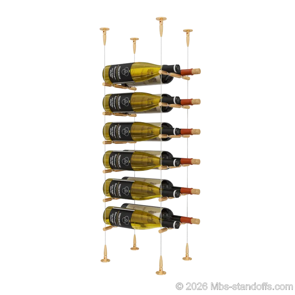 Merlot - Sonoma Collection Bottle Display Peg Kit With "O" Ring, 12-Bottle (2x6) Capacity, Floating Cable System, Pegs: 1/2″ × 7-1/2" with Champagne Anodized Finish