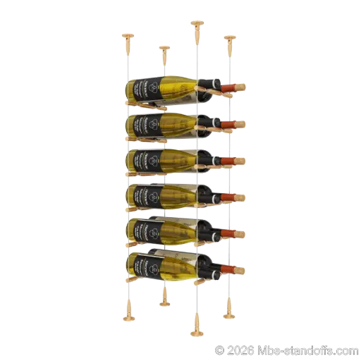 [SCS15BR-PCWR2050BR-K6] Merlot - Sonoma Collection Bottle Display Peg Kit With "O" Ring, 12-Bottle (2x6) Capacity, Floating Cable System, Pegs: 1/2″ × 7-1/2" with Champagne Anodized Finish