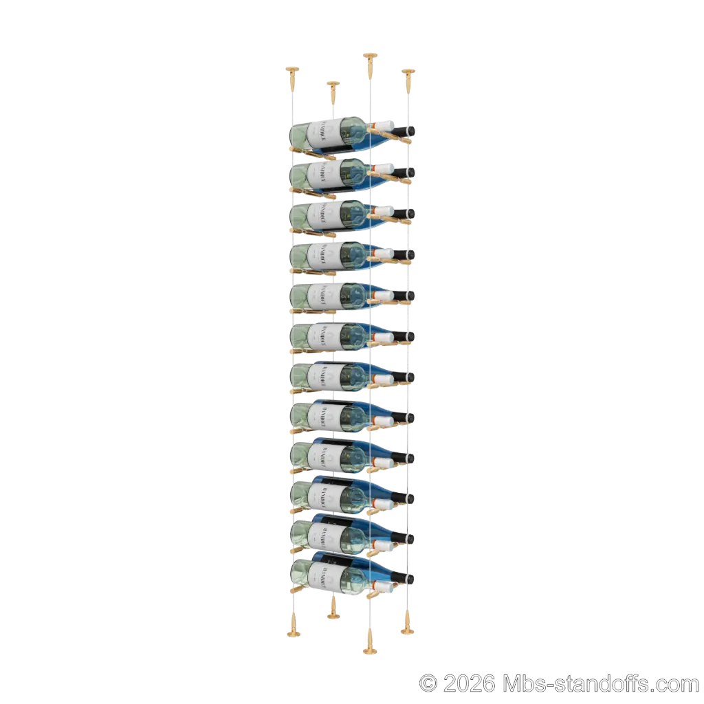 Merlot - Sonoma Collection Bottle Display Peg Kit With "O" Ring, 24-Bottle (2x12) Capacity, Floating Cable System, Pegs: 1/2″ × 7-1/2" with Champagne Anodized Finish