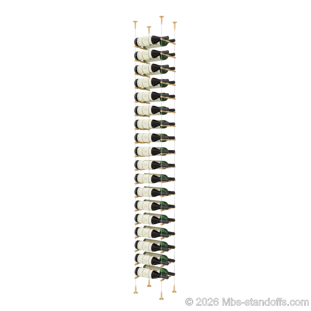 Merlot - Sonoma Collection Bottle Display Peg Kit With "O" Ring, 36-Bottle (2x18) Capacity, Floating Cable System, Pegs: 1/2″ × 7-1/2" with Champagne Anodized Finish