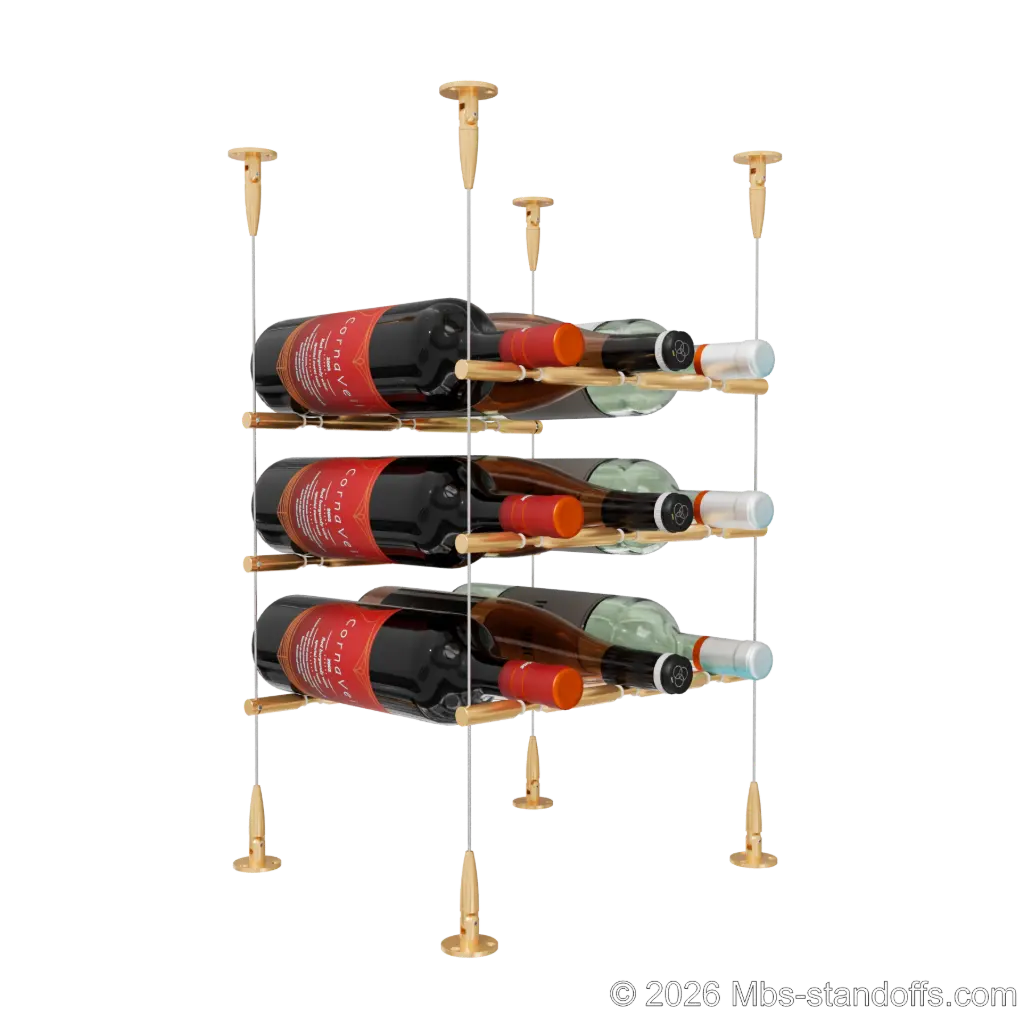 Merlot - Sonoma Collection Bottle Display Peg Kit With "O" Ring, 9-Bottle (3x3) Capacity, Floating Cable System, Pegs: 1/2″ × 11-1/2" with Champagne Anodized Finish