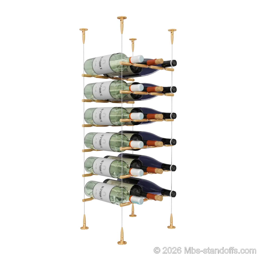Merlot - Sonoma Collection Bottle Display Peg Kit With "O" Ring, 18-Bottle (3x6) Capacity, Floating Cable System, Pegs: 1/2″ × 11-1/2" with Champagne Anodized Finish