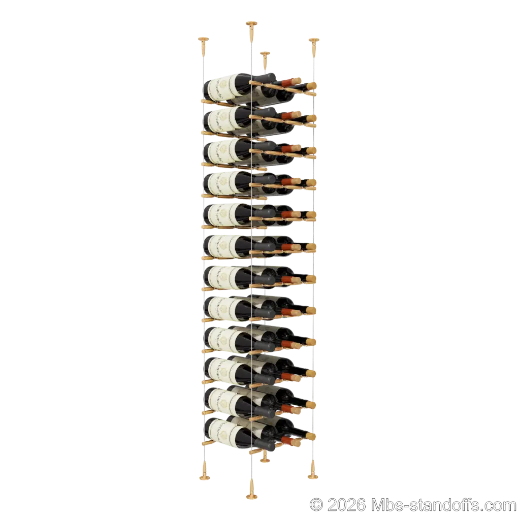 Merlot - Sonoma Collection Bottle Display Peg Kit With "O" Ring, 36-Bottle (3x12) Capacity, Floating Cable System, Pegs: 1/2″ × 11-1/2" with Champagne Anodized Finish