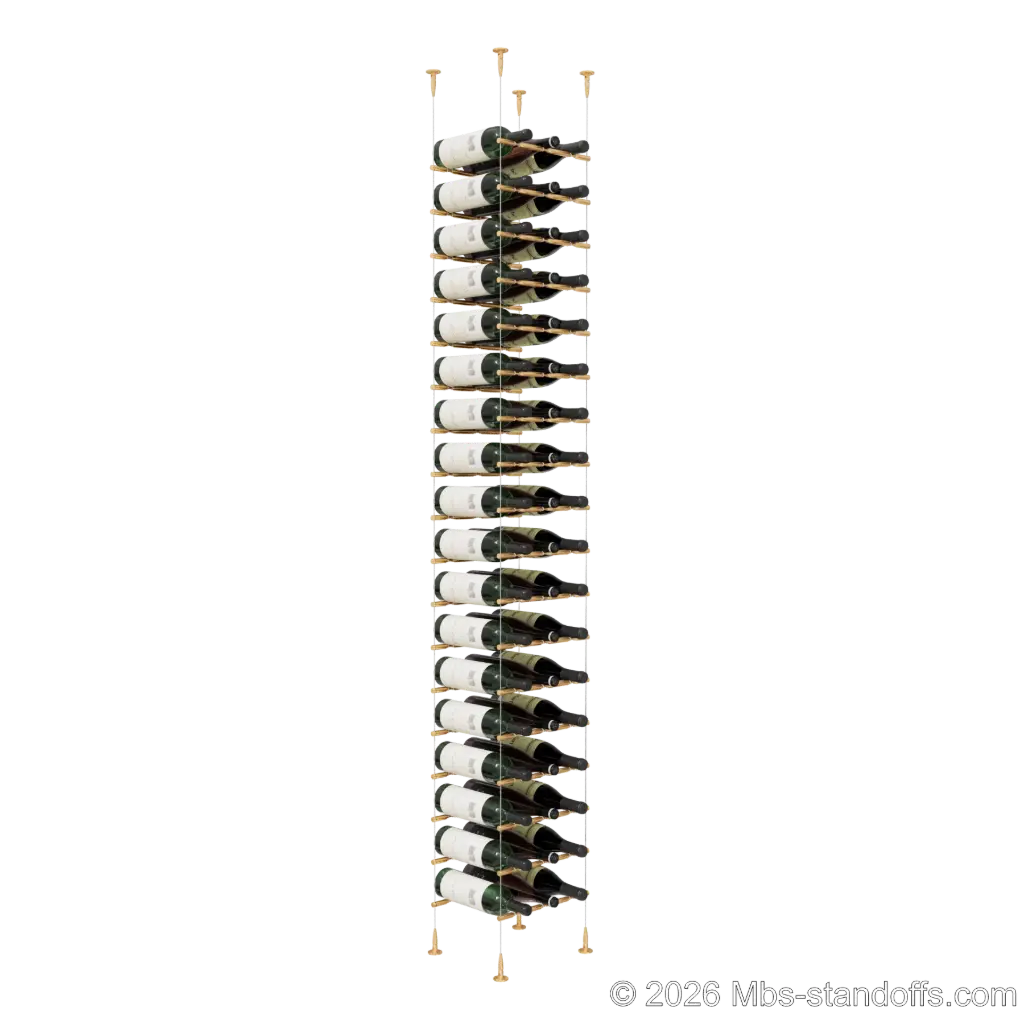 Merlot - Sonoma Collection Bottle Display Peg Kit With "O" Ring, 54-Bottle (3x18) Capacity, Floating Cable System, Pegs: 1/2″ × 11-1/2" with Champagne Anodized Finish