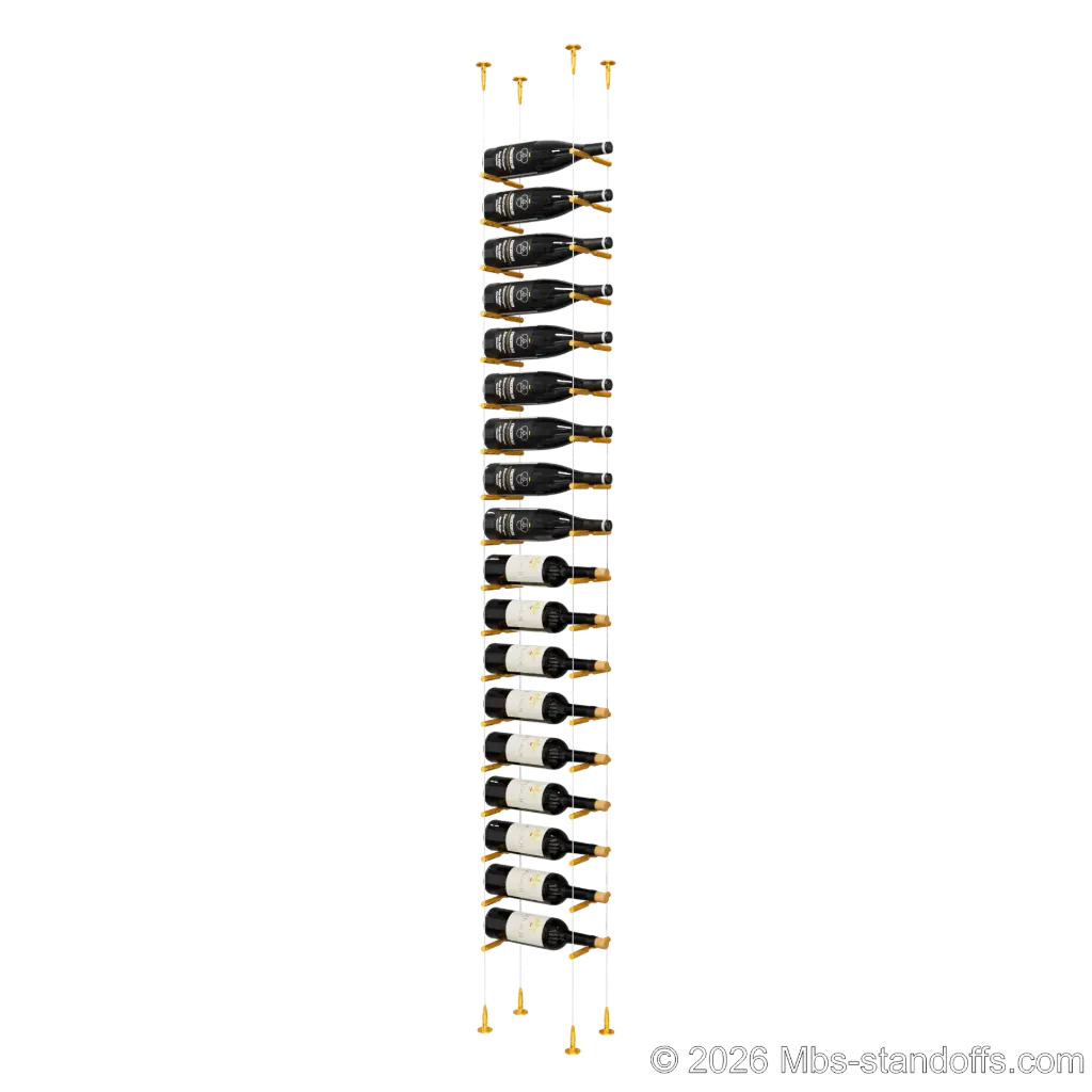 Merlot - Sonoma Collection Bottle Display Peg Kit, 18-Bottle Capacity, Floating Cable System, Pegs: 1/2″ × 6" with Gold Anodized Finish