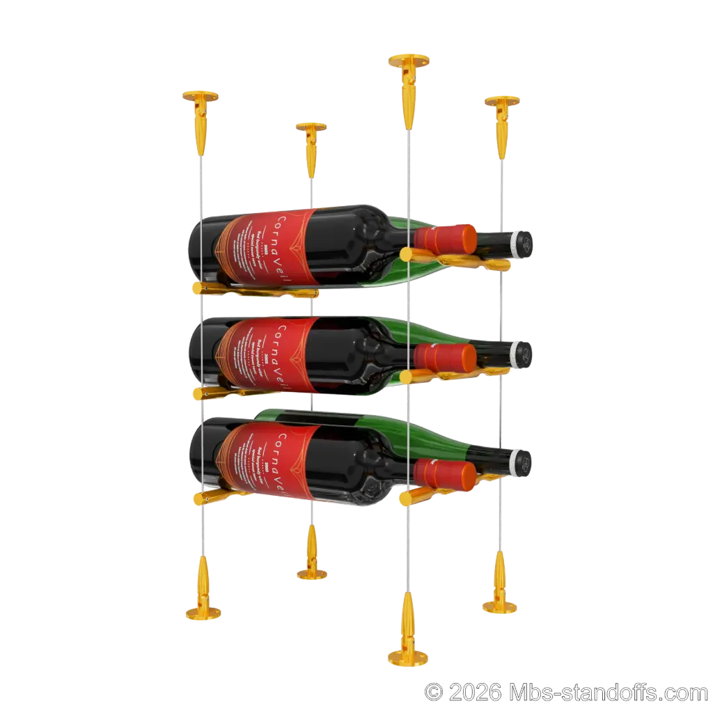 Merlot - Sonoma Collection Bottle Display Peg Kit, 6-Bottle (2x3) Capacity, Floating Cable System, Pegs: 1/2″ × 7-1/2" with Gold Anodized Finish