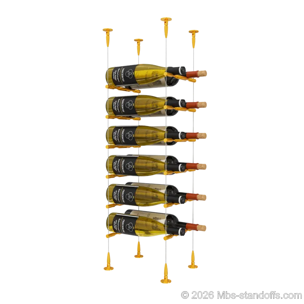 Merlot - Sonoma Collection Bottle Display Peg Kit, 12-Bottle (2x6) Capacity, Floating Cable System, Pegs: 1/2″ × 7-1/2" with Gold Anodized Finish