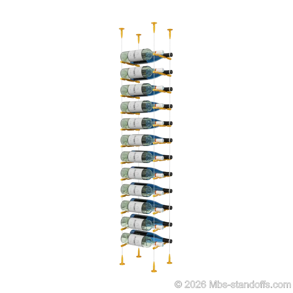 Merlot - Sonoma Collection Bottle Display Peg Kit, 24-Bottle (2x12) Capacity, Floating Cable System, Pegs: 1/2″ × 7-1/2" with Gold Anodized Finish