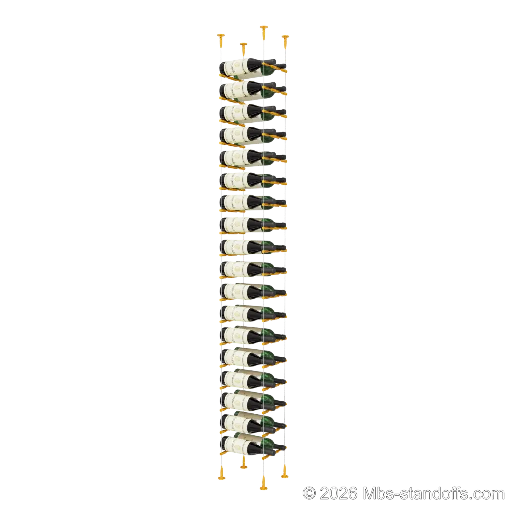 Merlot - Sonoma Collection Bottle Display Peg Kit, 36-Bottle (2x18) Capacity, Floating Cable System, Pegs: 1/2″ × 7-1/2" with Gold Anodized Finish
