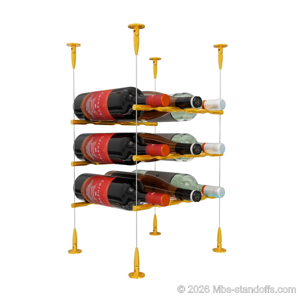 Merlot - Sonoma Collection Bottle Display Peg Kit, 9-Bottle (3x3) Capacity, Floating Cable System, Pegs: 1/2″ × 11-1/2" with Gold Anodized Finish