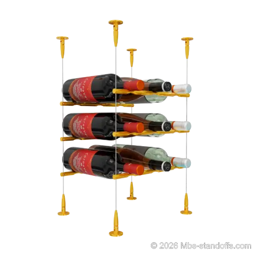 [SCS15G-PCW3050G-K3] Merlot - Sonoma Collection Bottle Display Peg Kit, 9-Bottle (3x3) Capacity, Floating Cable System, Pegs: 1/2″ × 11-1/2" with Gold Anodized Finish