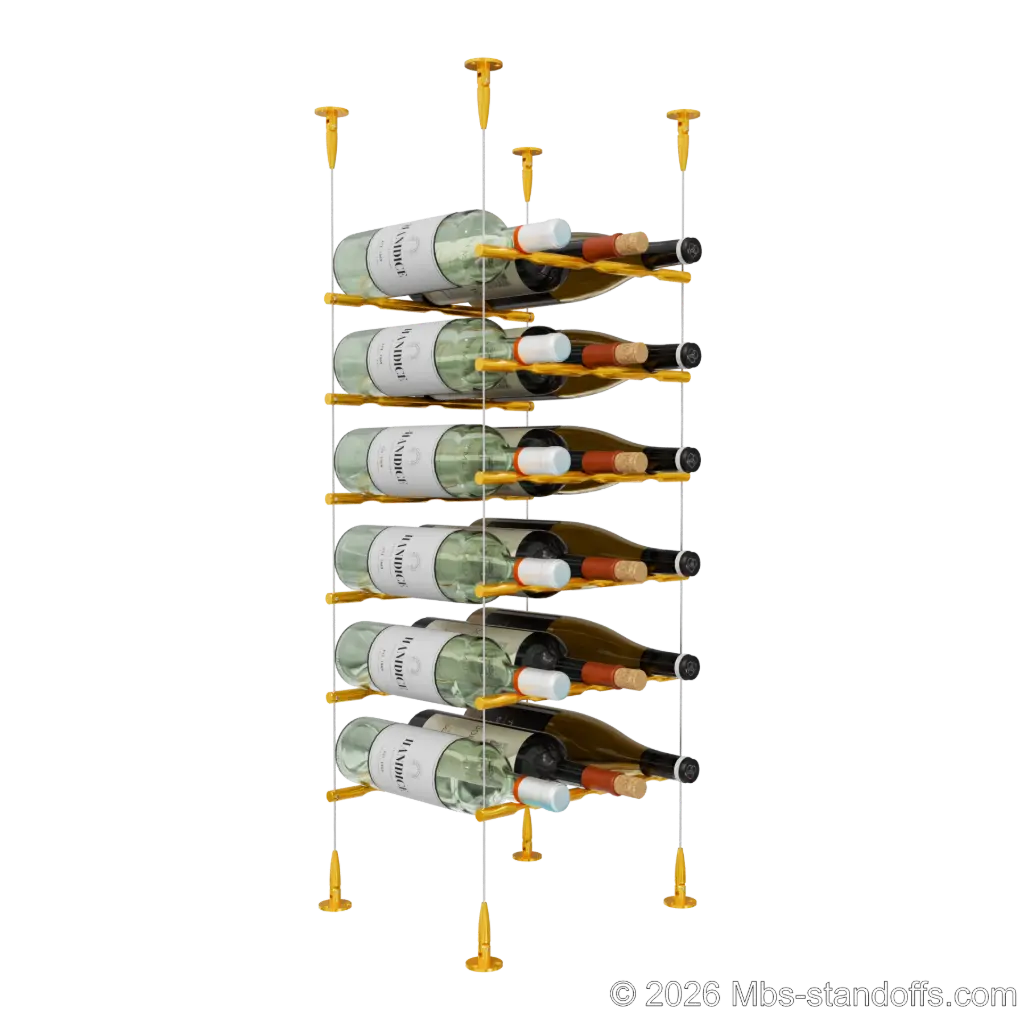 Merlot - Sonoma Collection Bottle Display Peg Kit, 18-Bottle (3x6) Capacity, Floating Cable System, Pegs: 1/2″ × 11-1/2" with Gold Anodized Finish