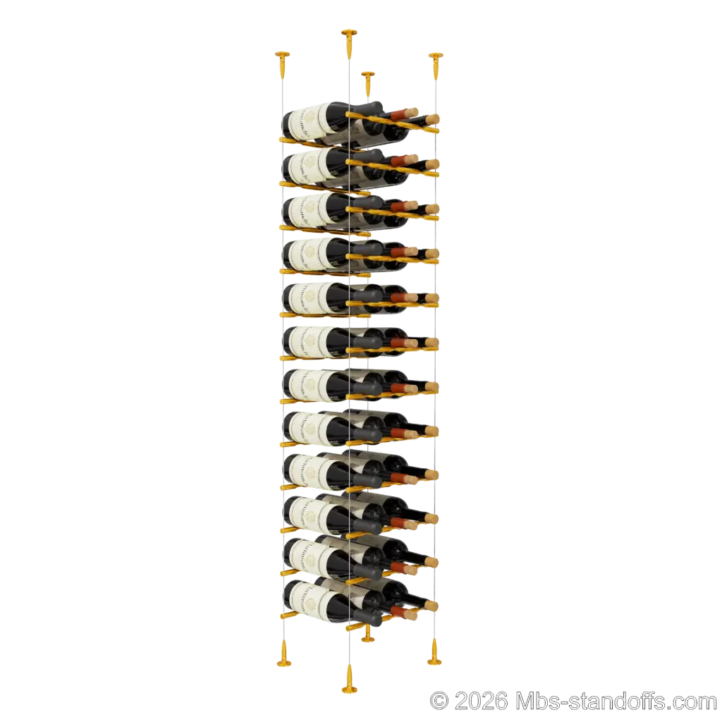 Merlot - Sonoma Collection Bottle Display Peg Kit, 36-Bottle (3x12) Capacity, Floating Cable System, Pegs: 1/2″ × 11-1/2" with Gold Anodized Finish