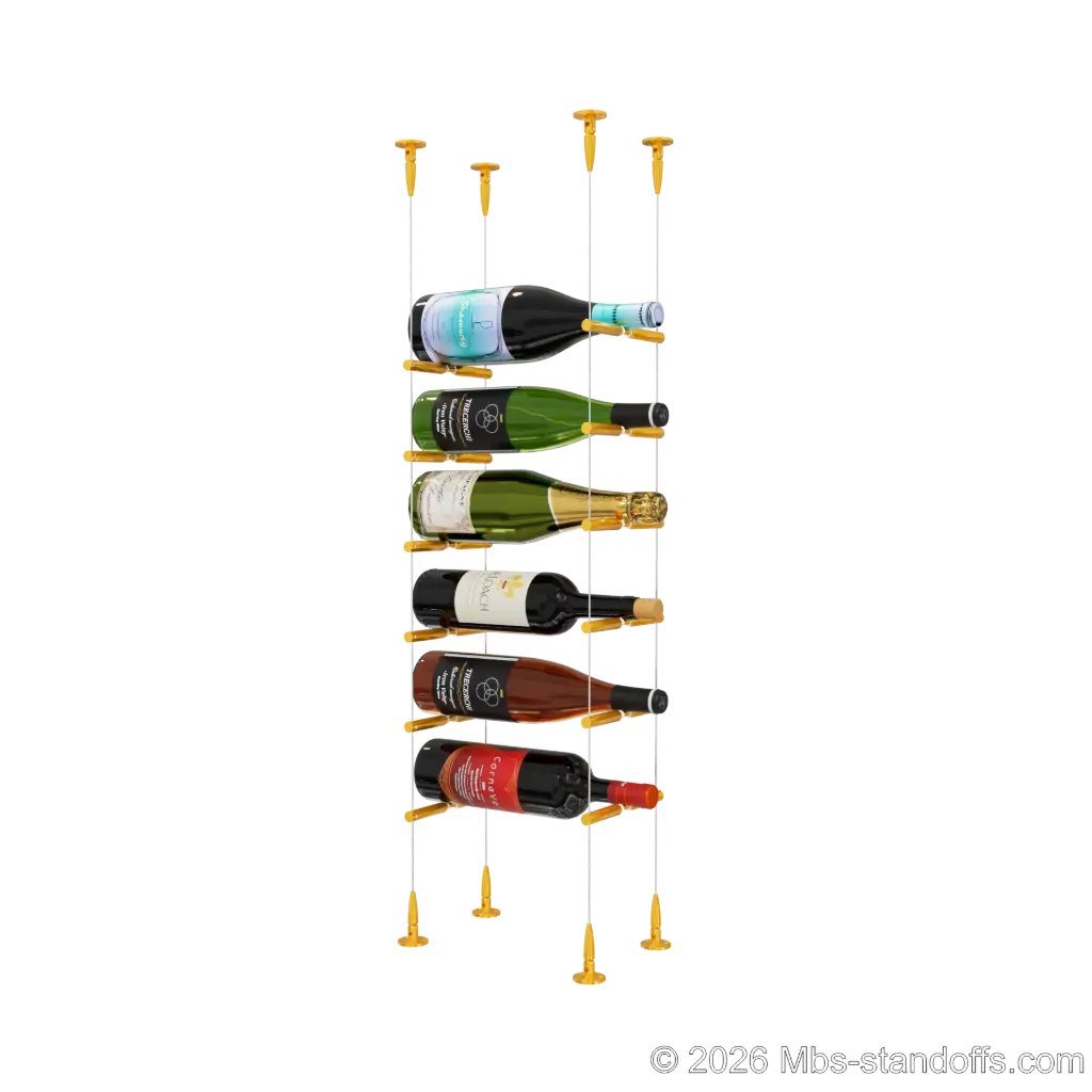 Merlot - Sonoma Collection Bottle Display Peg Kit With "O" Ring, 6-Bottle Capacity, Floating Cable System, Pegs: 1/2″ × 6" with Gold Anodized Finish