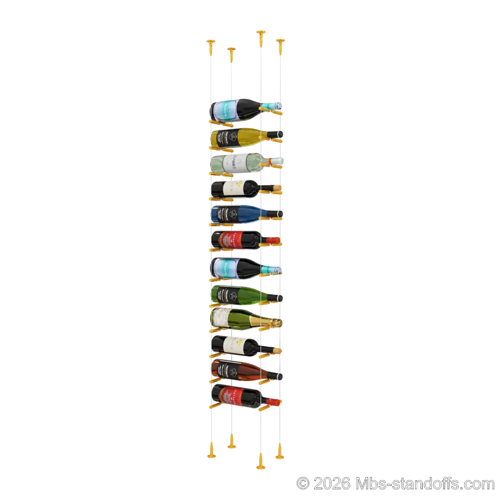Merlot - Sonoma Collection Bottle Display Peg Kit With "O" Ring, 12-Bottle Capacity, Floating Cable System, Pegs: 1/2″ × 6" with Gold Anodized Finish