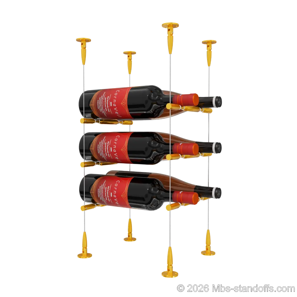 Merlot - Sonoma Collection Bottle Display Peg Kit With "O" Ring, 6-Bottle (2x3) Capacity, Floating Cable System, Pegs: 1/2″ × 7-1/2" with Gold Anodized Finish