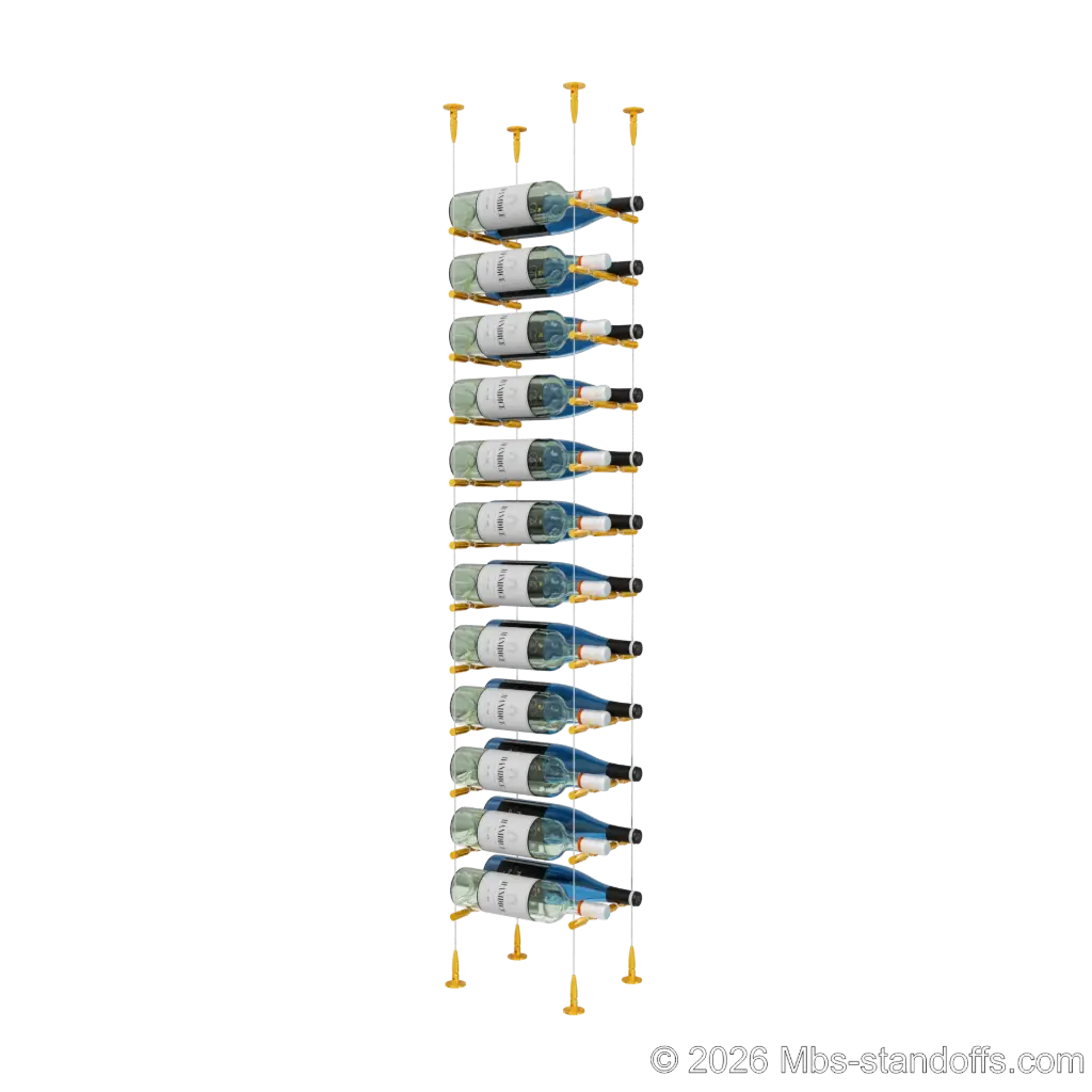 Merlot - Sonoma Collection Bottle Display Peg Kit With "O" Ring, 24-Bottle (2x12) Capacity, Floating Cable System, Pegs: 1/2″ × 7-1/2" with Gold Anodized Finish
