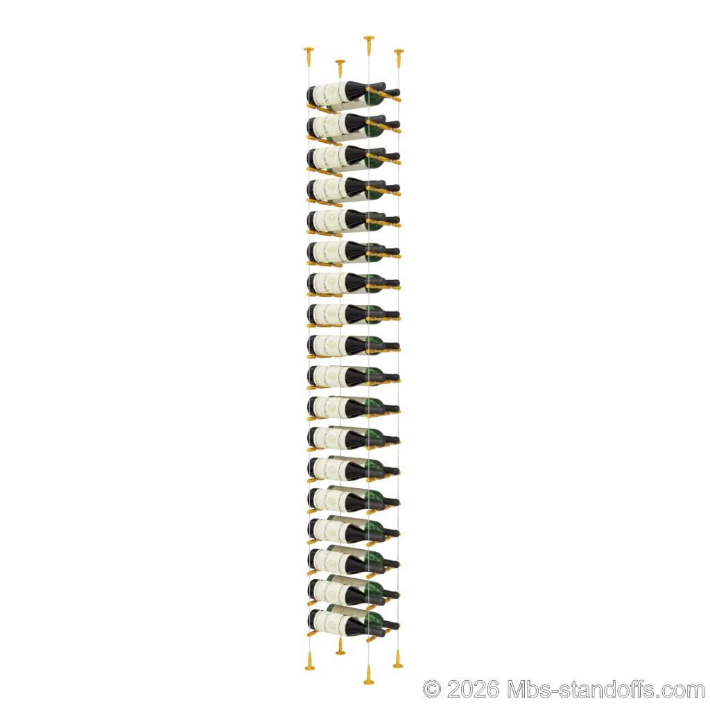 Merlot - Sonoma Collection Bottle Display Peg Kit With "O" Ring, 36-Bottle (2x18) Capacity, Floating Cable System, Pegs: 1/2″ × 7-1/2" with Gold Anodized Finish