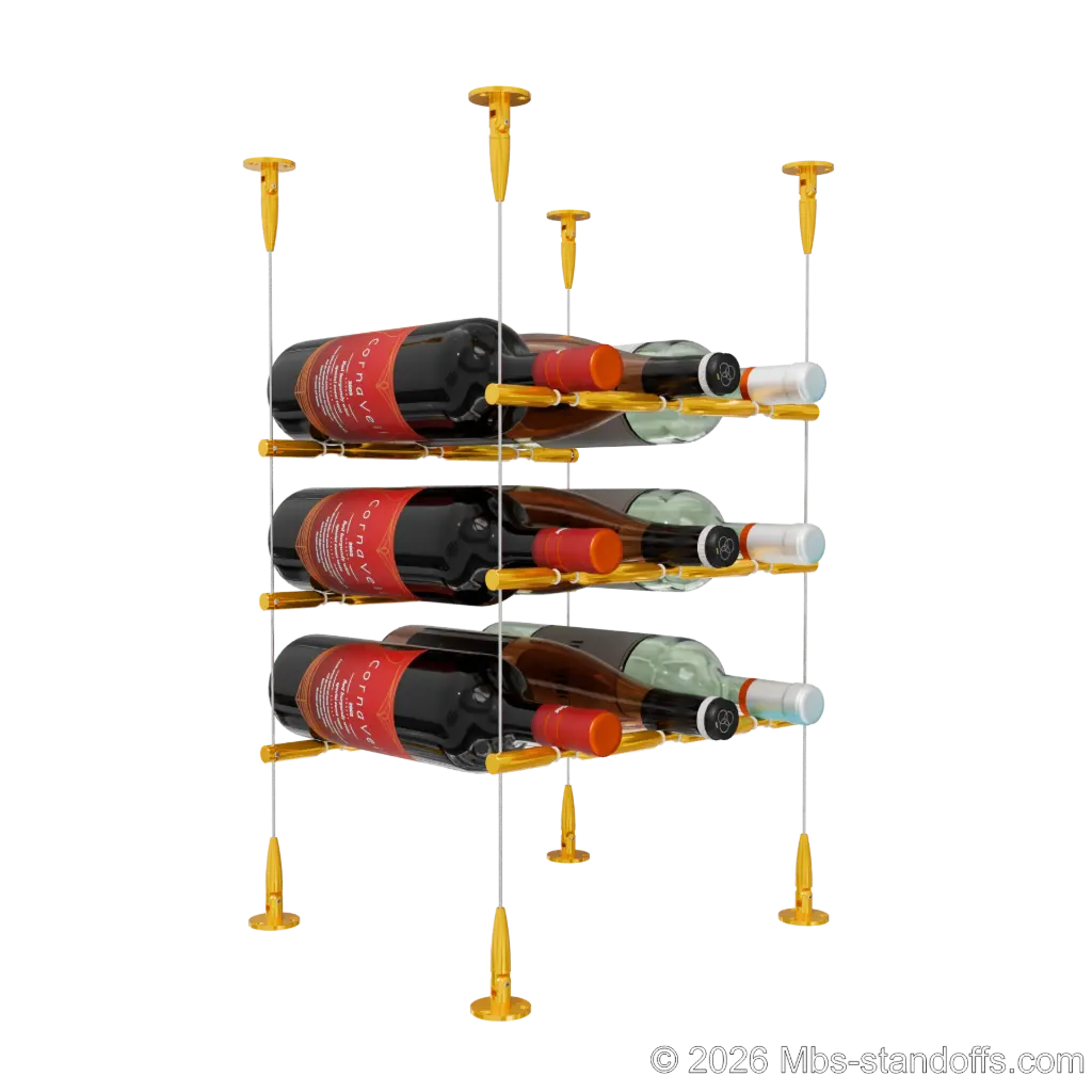 Merlot - Sonoma Collection Bottle Display Peg Kit With "O" Ring, 9-Bottle (3x3) Capacity, Floating Cable System, Pegs: 1/2″ × 11-1/2" with Gold Anodized Finish