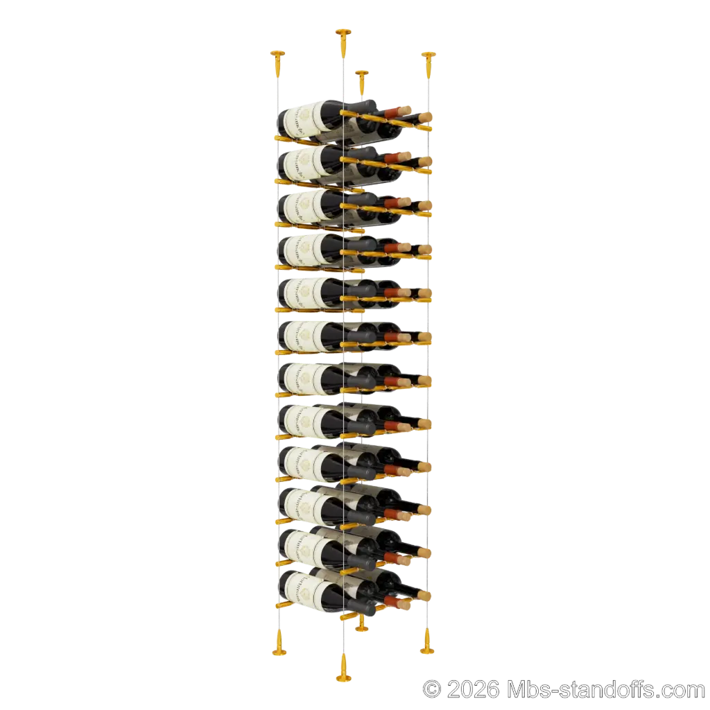 Merlot - Sonoma Collection Bottle Display Peg Kit With "O" Ring, 36-Bottle (3x12) Capacity, Floating Cable System, Pegs: 1/2″ × 11-1/2" with Gold Anodized Finish