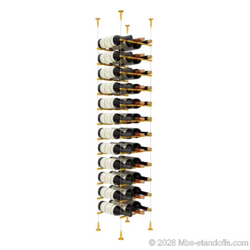 [SCS15G-PCWR3050G-K12] Merlot - Sonoma Collection Bottle Display Peg Kit With "O" Ring, 36-Bottle (3x12) Capacity, Floating Cable System, Pegs: 1/2″ × 11-1/2" with Gold Anodized Finish