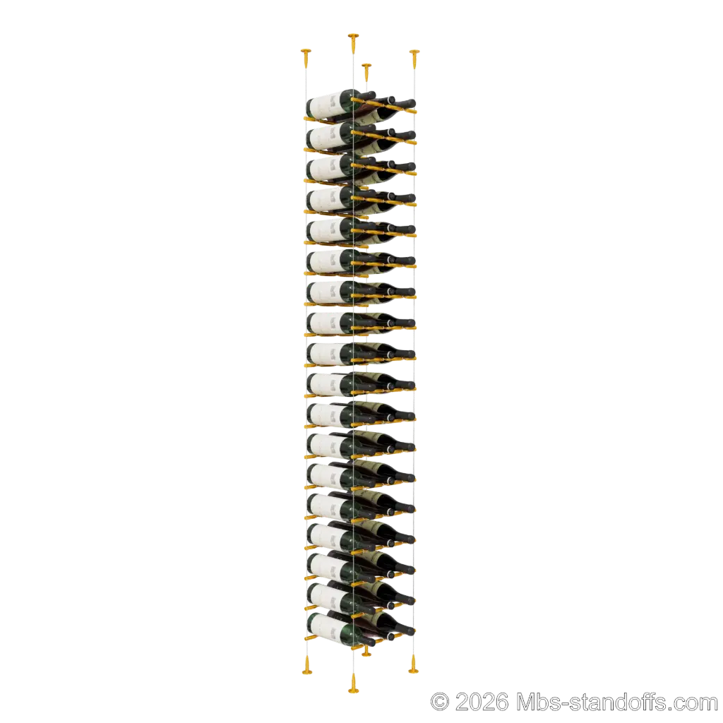 Merlot - Sonoma Collection Bottle Display Peg Kit With "O" Ring, 54-Bottle (3x18) Capacity, Floating Cable System, Pegs: 1/2″ × 11-1/2" with Gold Anodized Finish