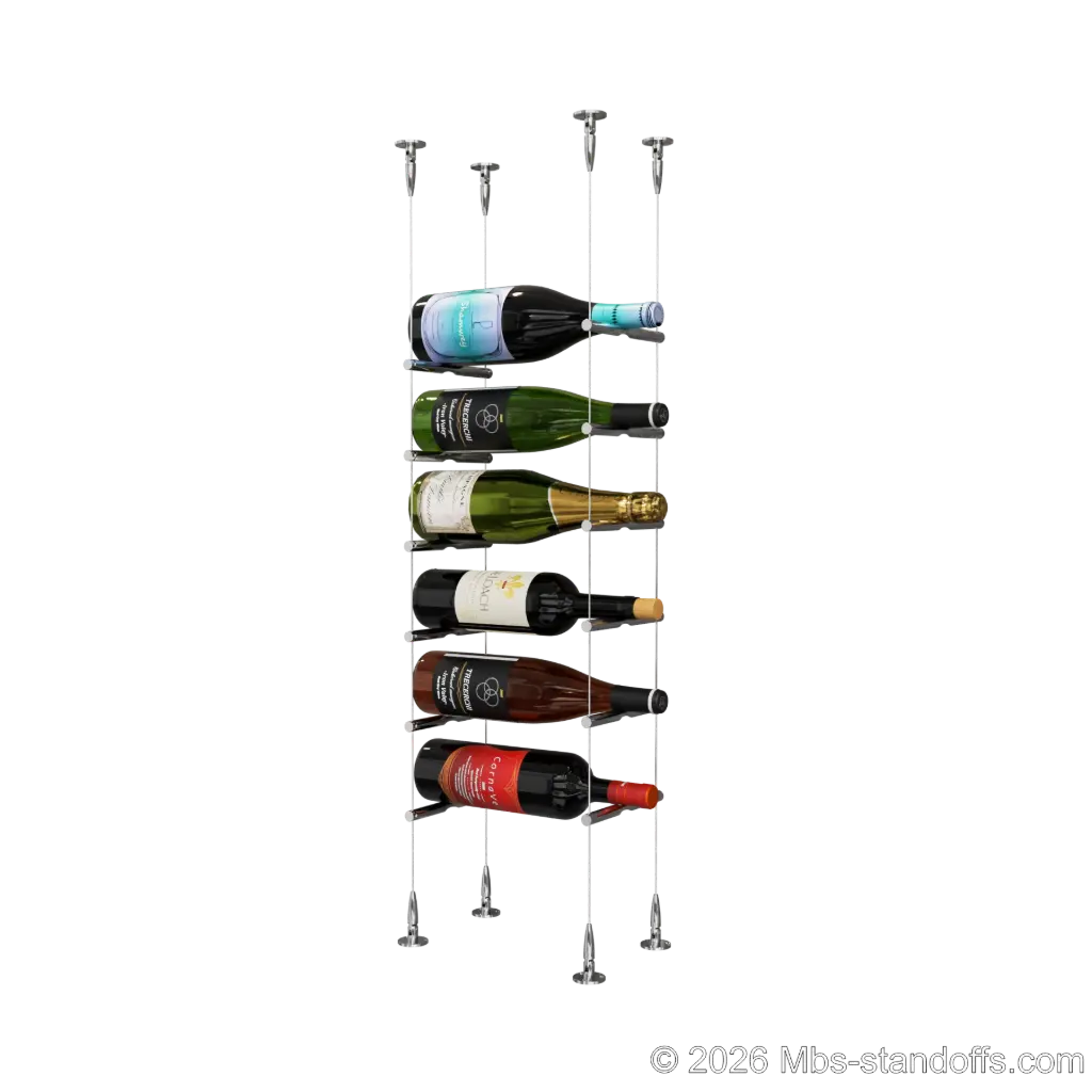 Merlot - Sonoma Collection Bottle Display Peg Kit, 6-Bottle Capacity, Floating Cable System, Pegs: 1/2″ × 6" with Chrome Mirror Finish