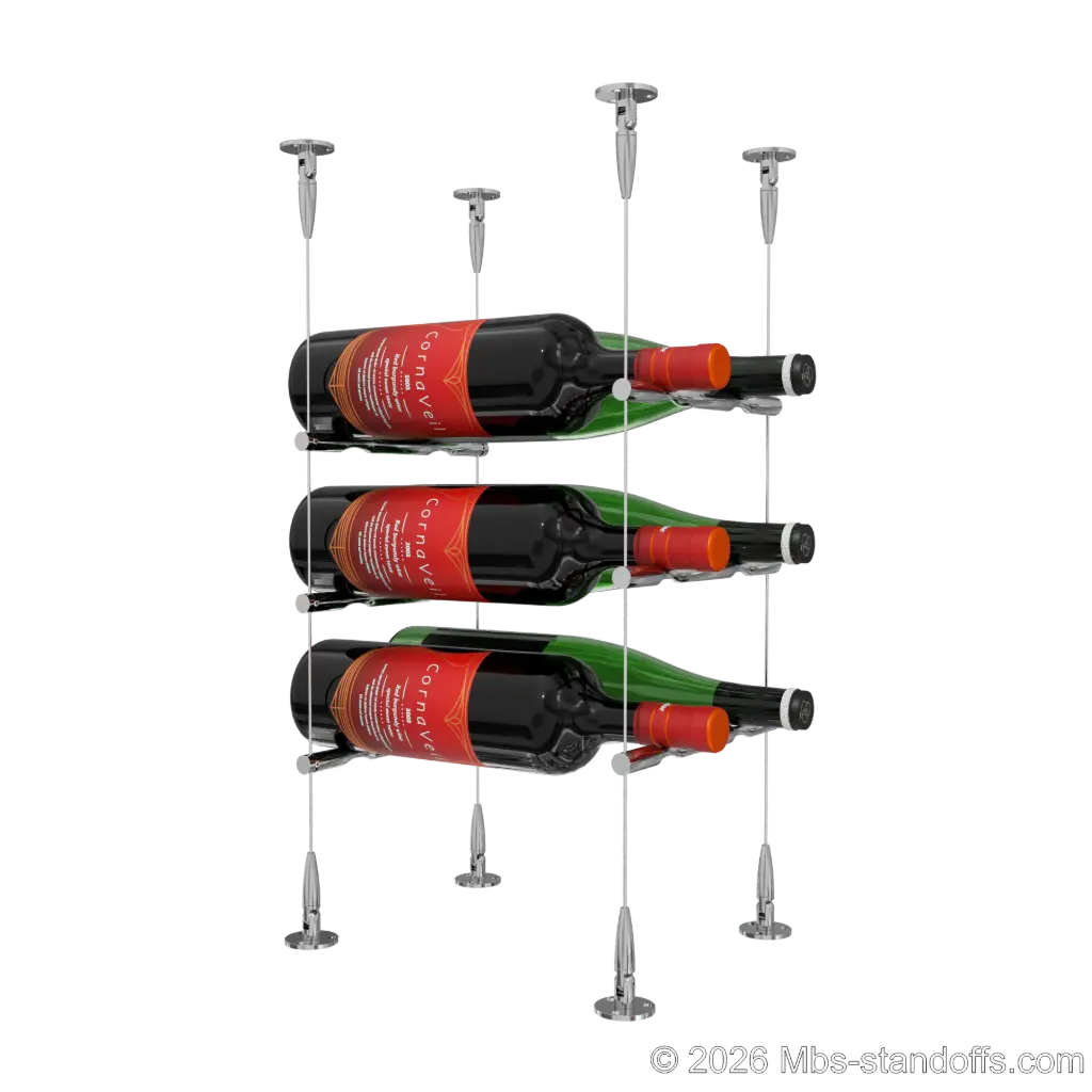 Merlot - Sonoma Collection Bottle Display Peg Kit, 6-Bottle (2x3) Capacity, Floating Cable System, Pegs: 1/2″ × 7-1/2" with Chrome Mirror Finish