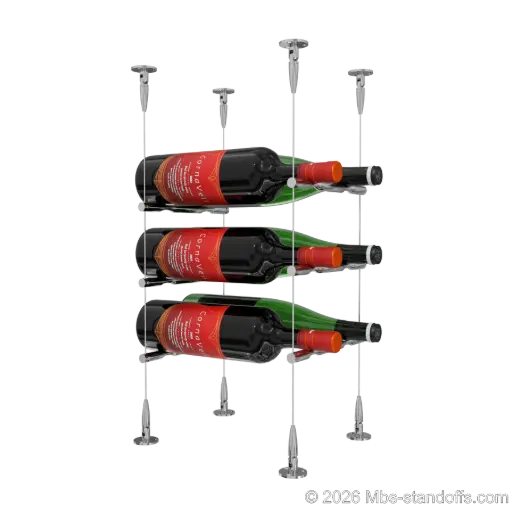 [SCS15CP-PCW2050CP-K3] Merlot - Sonoma Collection Bottle Display Peg Kit, 6-Bottle (2x3) Capacity, Floating Cable System, Pegs: 1/2″ × 7-1/2" with Chrome Mirror Finish
