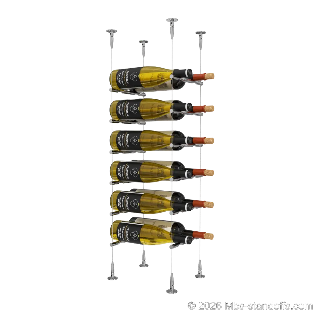 Merlot - Sonoma Collection Bottle Display Peg Kit, 12-Bottle (2x6) Capacity, Floating Cable System, Pegs: 1/2″ × 7-1/2" with Chrome Mirror Finish