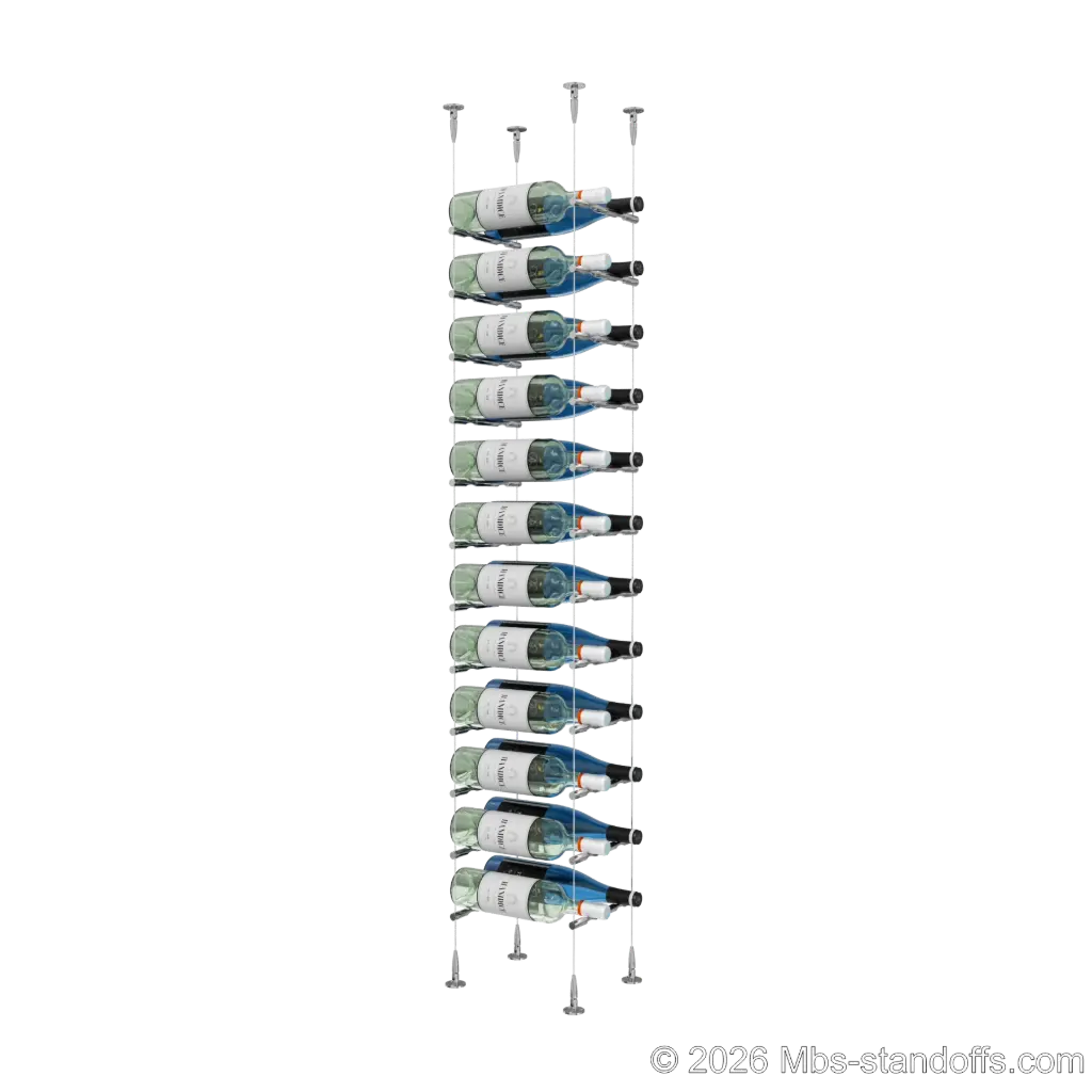 Merlot - Sonoma Collection Bottle Display Peg Kit, 24-Bottle (2x12) Capacity, Floating Cable System, Pegs: 1/2″ × 7-1/2" with Chrome Mirror Finish