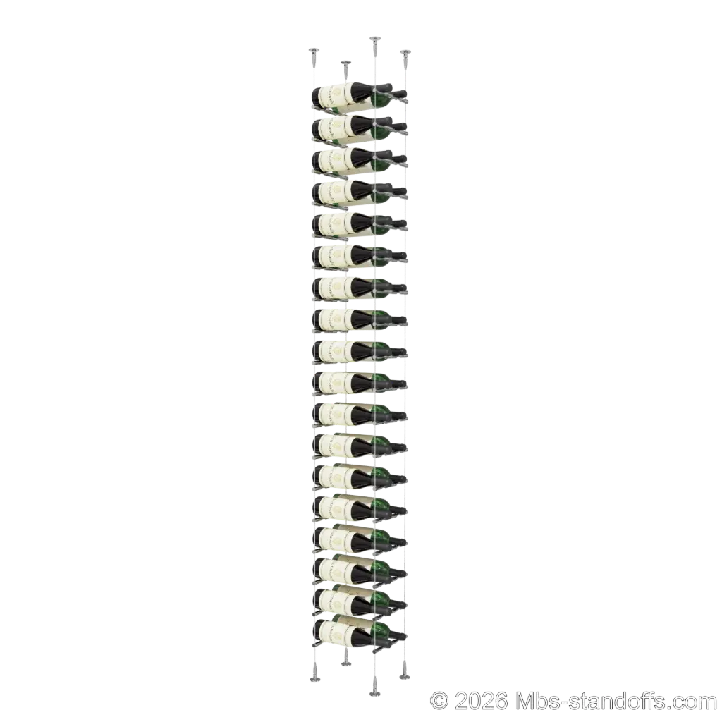 Merlot - Sonoma Collection Bottle Display Peg Kit, 36-Bottle (2x18) Capacity, Floating Cable System, Pegs: 1/2″ × 7-1/2" with Chrome Mirror Finish