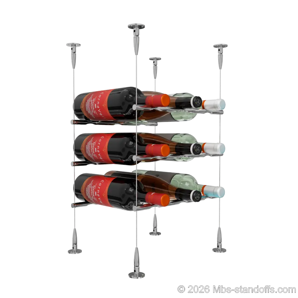 Merlot - Sonoma Collection Bottle Display Peg Kit, 9-Bottle (3x3) Capacity, Floating Cable System, Pegs: 1/2″ × 11-1/2" with Chrome Mirror Finish