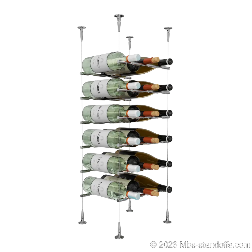 Merlot - Sonoma Collection Bottle Display Peg Kit, 18-Bottle (3x6) Capacity, Floating Cable System, Pegs: 1/2″ × 11-1/2" with Chrome Mirror Finish