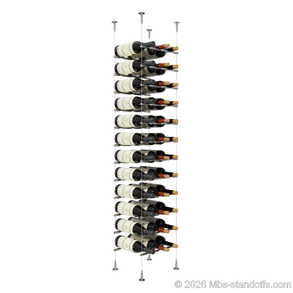 Merlot - Sonoma Collection Bottle Display Peg Kit, 36-Bottle (3x12) Capacity, Floating Cable System, Pegs: 1/2″ × 11-1/2" with Chrome Mirror Finish