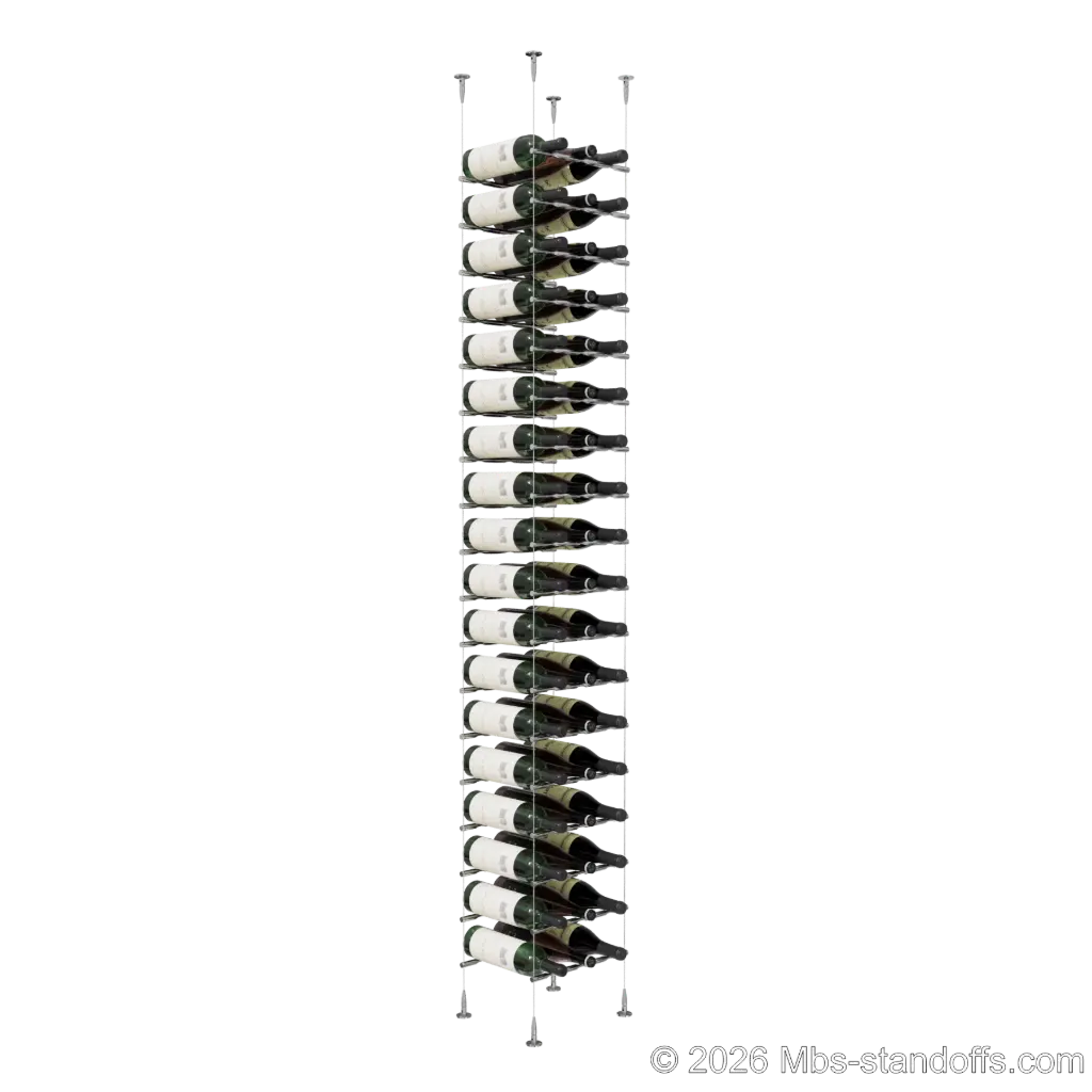 Merlot - Sonoma Collection Bottle Display Peg Kit, 54-Bottle (3x18) Capacity, Floating Cable System, Pegs: 1/2″ × 11-1/2" with Chrome Mirror Finish