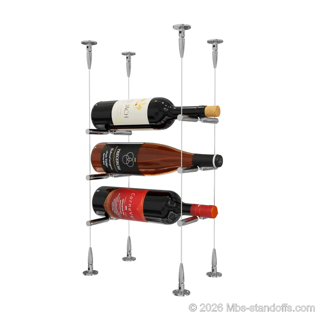 Merlot - Sonoma Collection Bottle Display Peg Kit With "O" Ring, 3-Bottle Capacity, Floating Cable System, Pegs: 1/2″ × 6" with Chrome Mirror Finish
