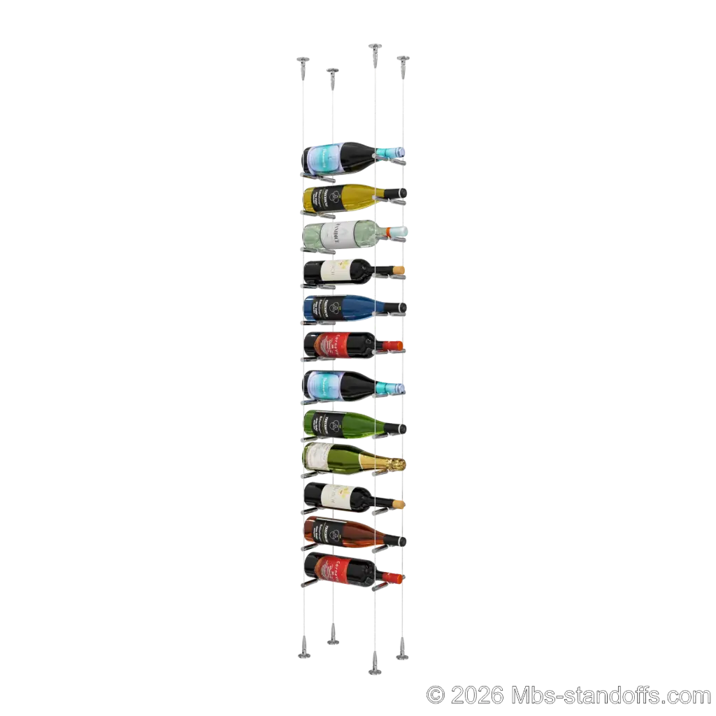 Merlot - Sonoma Collection Bottle Display Peg Kit With "O" Ring, 12-Bottle Capacity, Floating Cable System, Pegs: 1/2″ × 6" with Chrome Mirror Finish