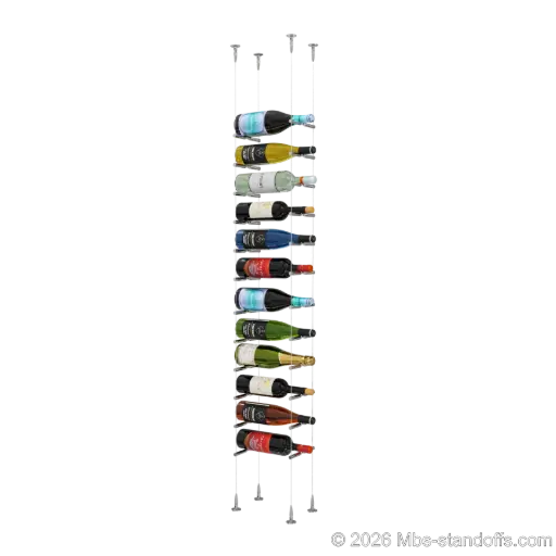 [SCS15CP-PCWR1050CP-K12] Merlot - Sonoma Collection Bottle Display Peg Kit With "O" Ring, 12-Bottle Capacity, Floating Cable System, Pegs: 1/2″ × 6" with Chrome Mirror Finish